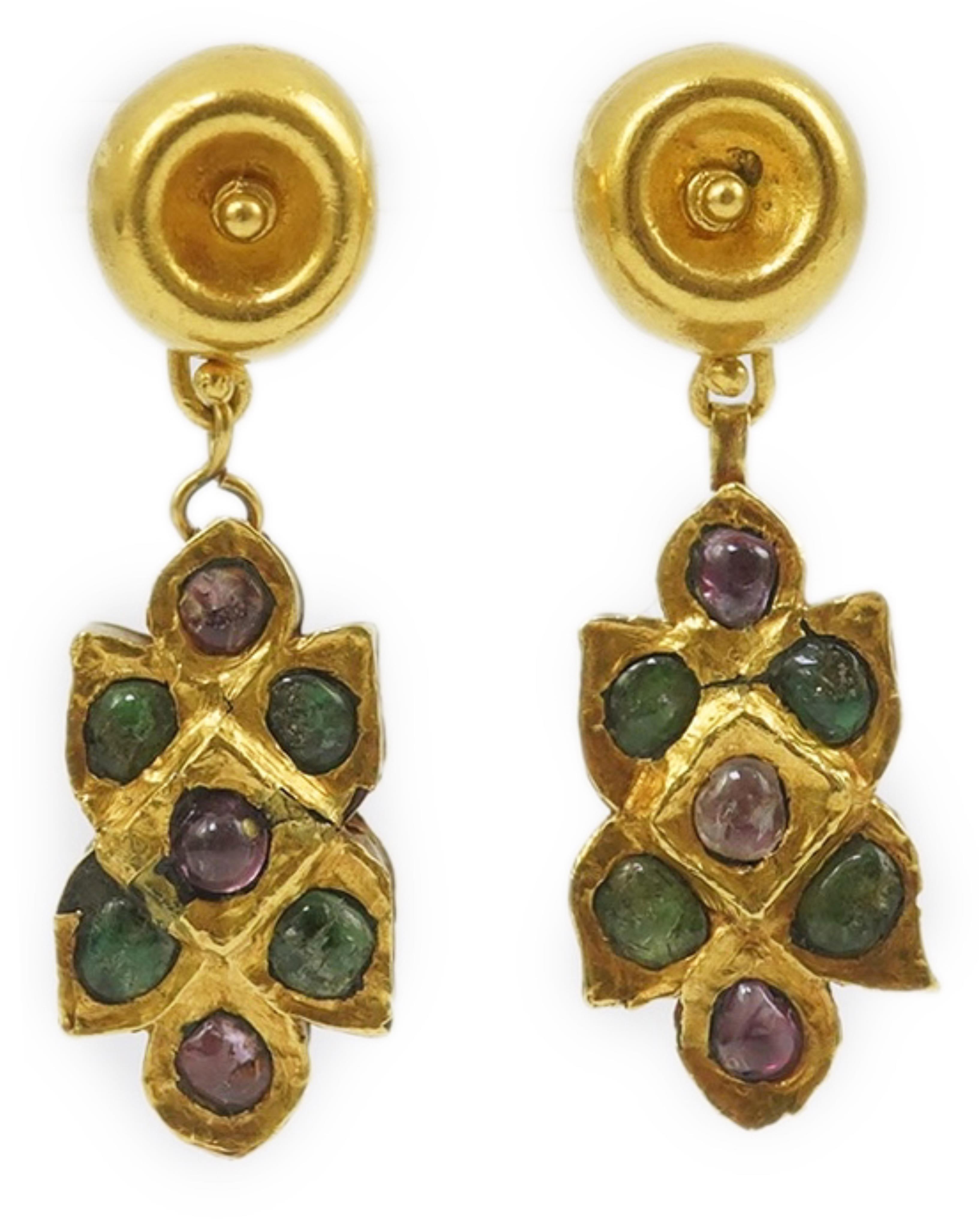 A pair of modern Italian Indian style 18k gold and cabochon gem set cluster drop earrings, retailed by Massimo Maria Melis, Rome